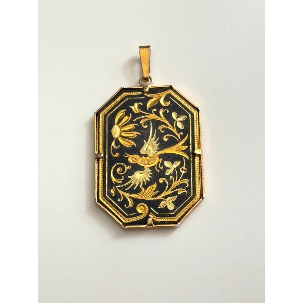 Vintage Damascene Bird With Flowers Gold‎ Plated Pendant